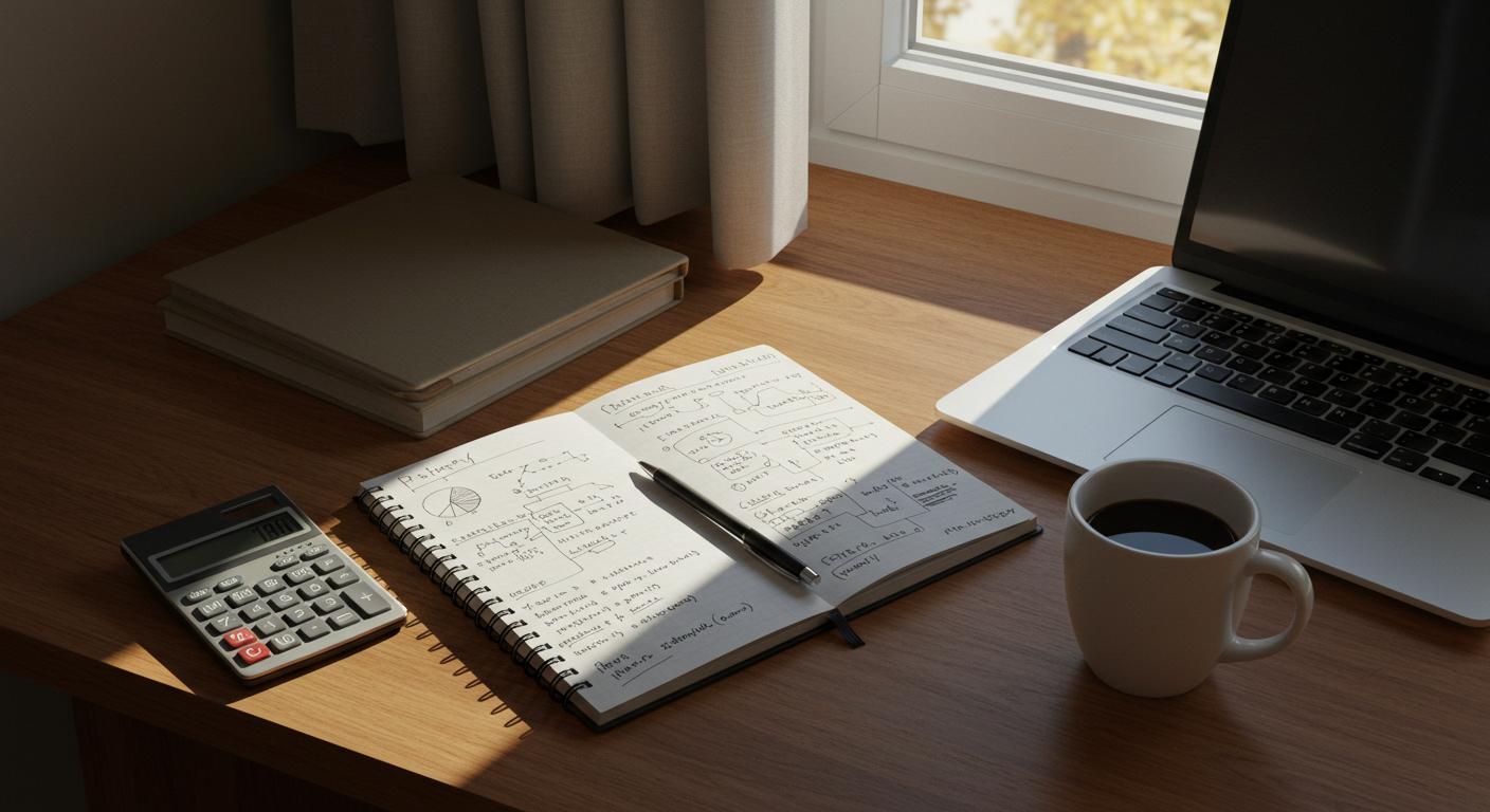 A cozy and modern home workspace, viewed from a horizontal perspective. On a wooden desk, there’s an open notebook with handwritten financial planning, a basic calculator, a coffee mug, and a closed laptop. Natural light enters from a nearby window, highlighting a peaceful atmosphere. The setting suggests someone planning a small business on a tight budget—minimalist, organized, and realistic.