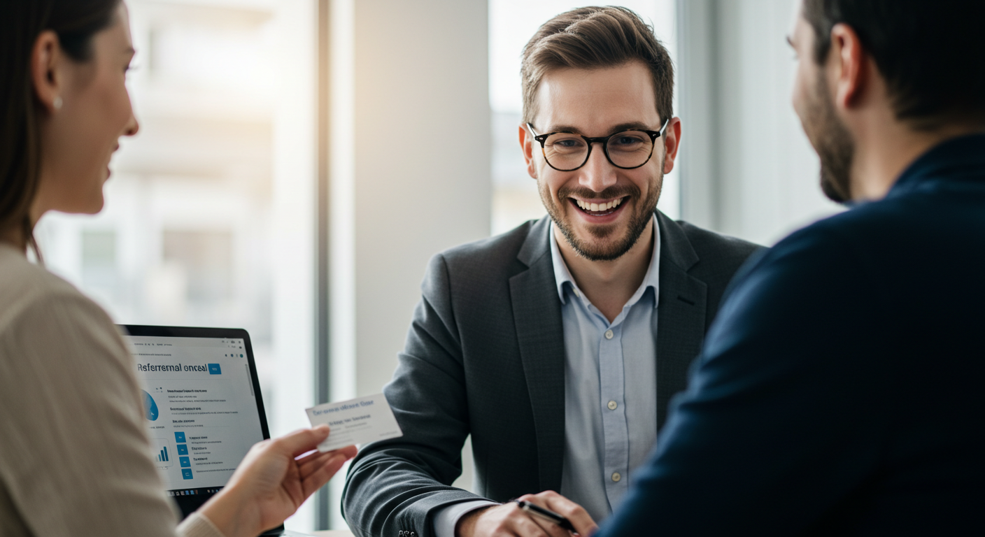 happily discussing with a satisfied client