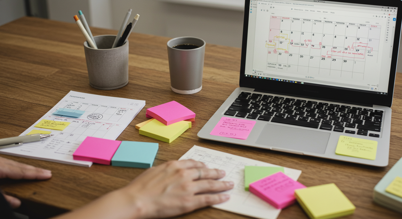 mapping out a content calendar on a laptop with sticky notes