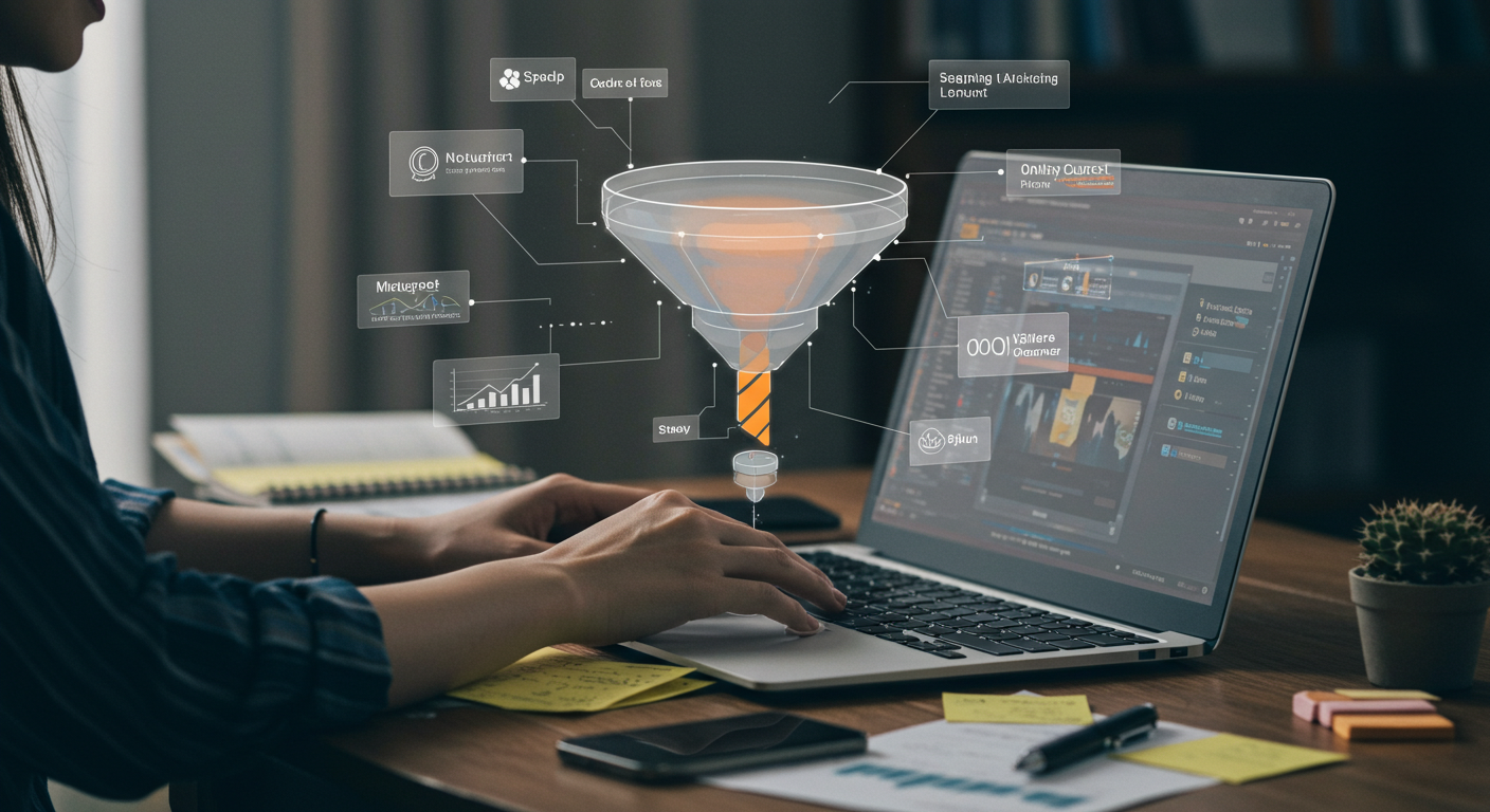 A digital creator setting up a sales funnel on a laptop