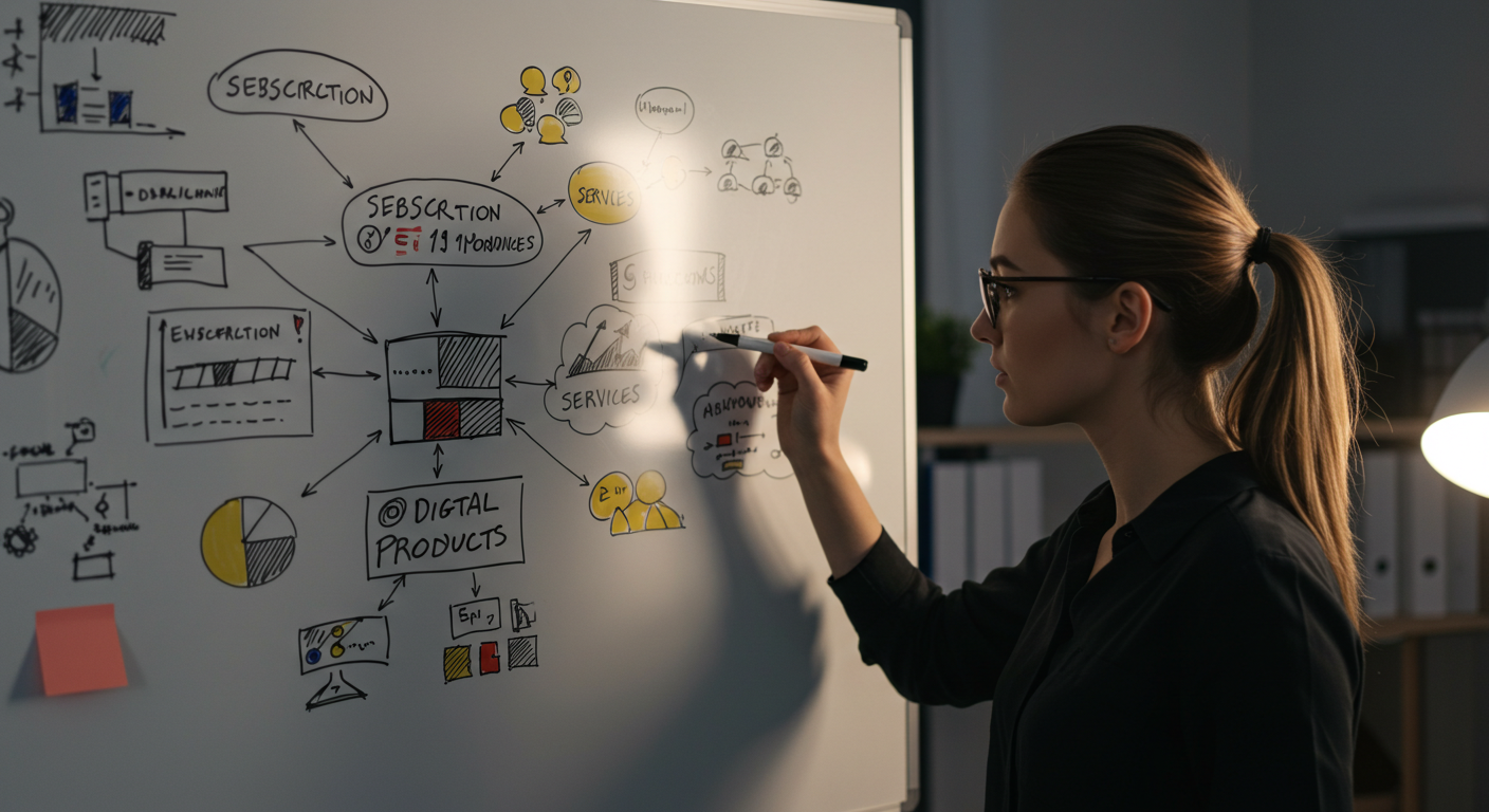 An entrepreneur sketching different business models on paper or whiteboard, including icons for subscriptions, services, and digital products. The setting suggests early-stage planning and strategic thinking