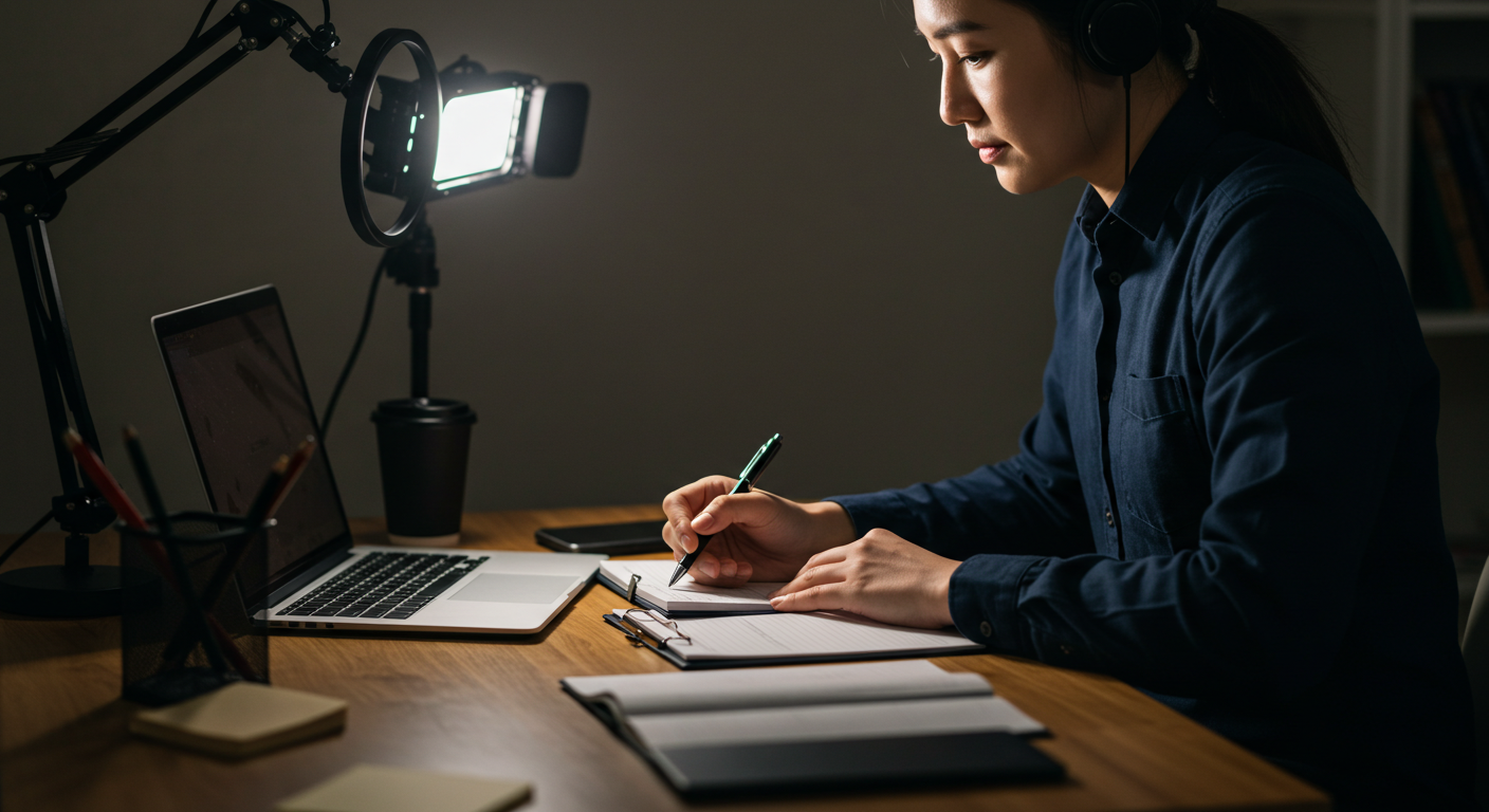 A focused entrepreneur creating an online course at a modern desk with a laptop, microphone, notes, and a video recording light. The workspace looks professional and creative, representing the process of building and teaching a digital course.