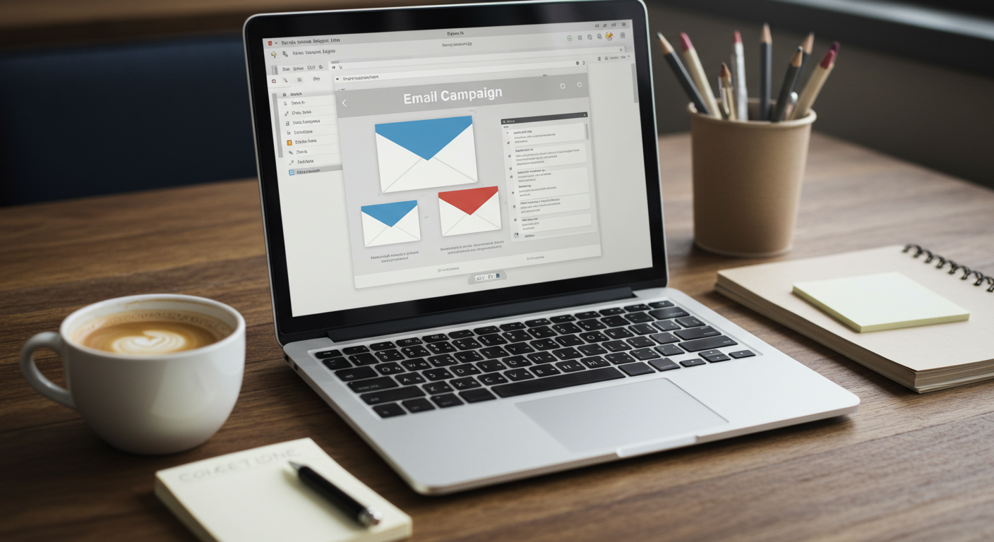A laptop screen showing an email campaign in progress