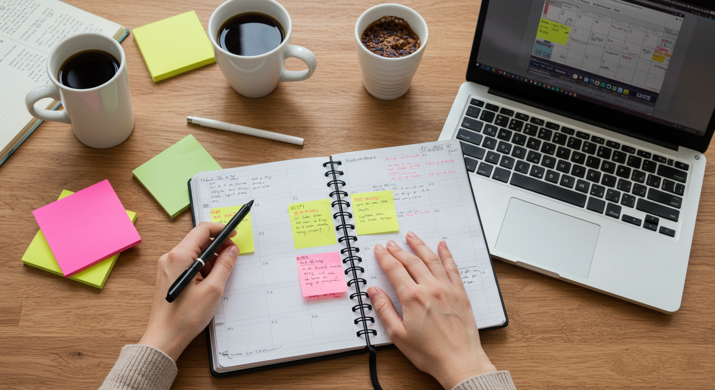 A solo entrepreneur organizing a weekly schedule on a laptop.