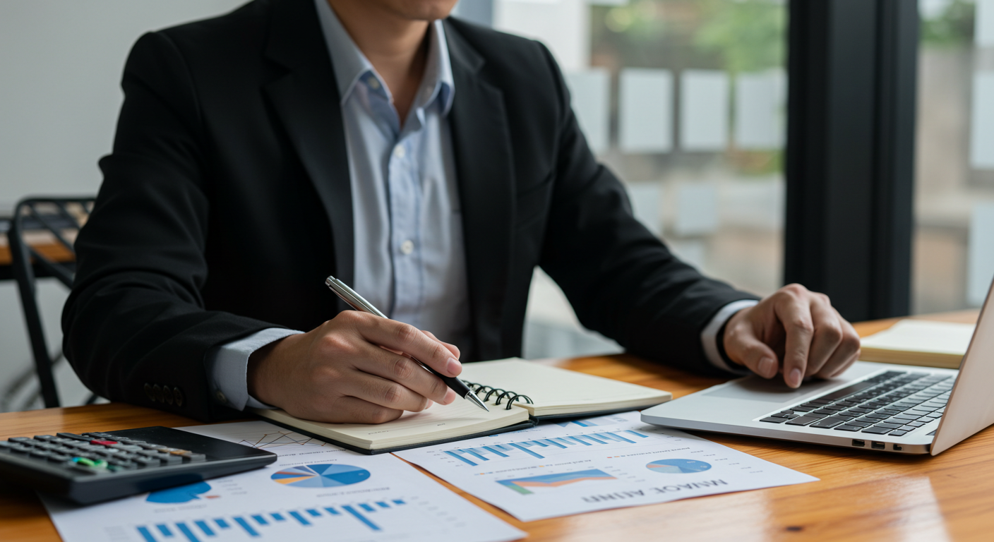 A small business owner at a desk reviewing sales charts and planning strategy, with a serious but focused expression. The workspace includes printed graphs, a laptop, and a notebook, symbolizing problem-solving and resilience during tough times.