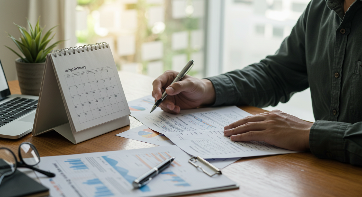 A small business owner working calmly at a desk with a calendar, budgeting sheets, and financial reports in front of them. The scene shows quiet preparation, with natural light and a tidy space, symbolizing organization and readiness for low-sales seasons.