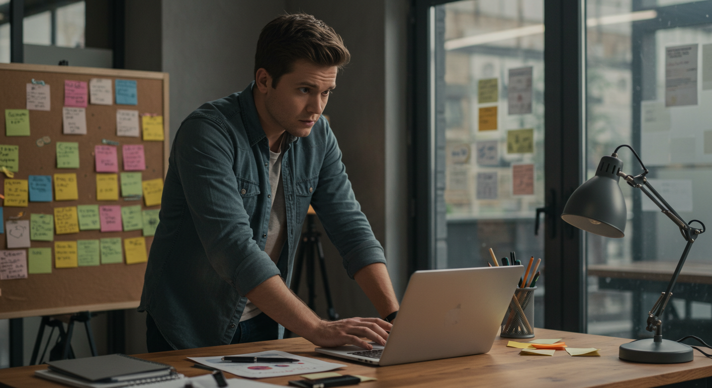 An entrepreneur standing at the edge of a workspace.