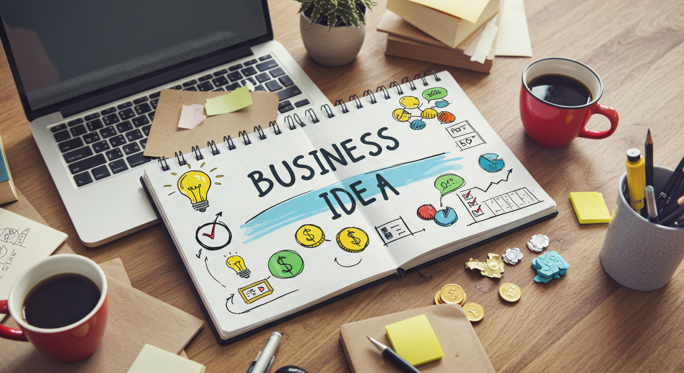 A creative workspace with a notebook titled Business Ideas