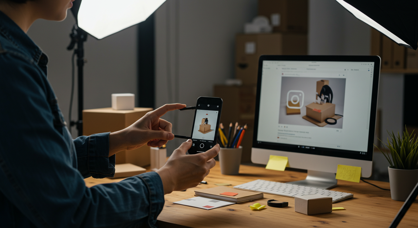 Photographing a product with a smartphone for an Instagram post.