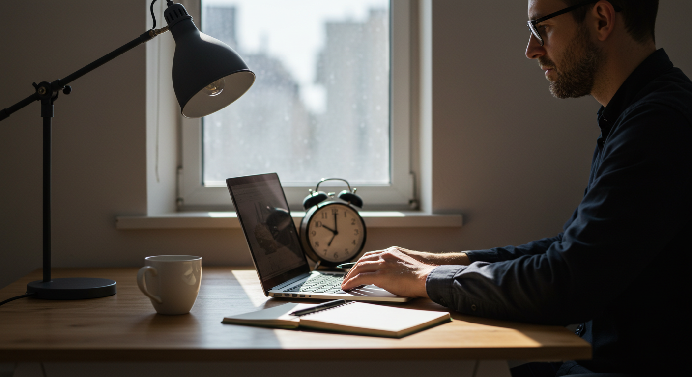 A modern, minimalist home office with a focused entrepreneur working at a desk