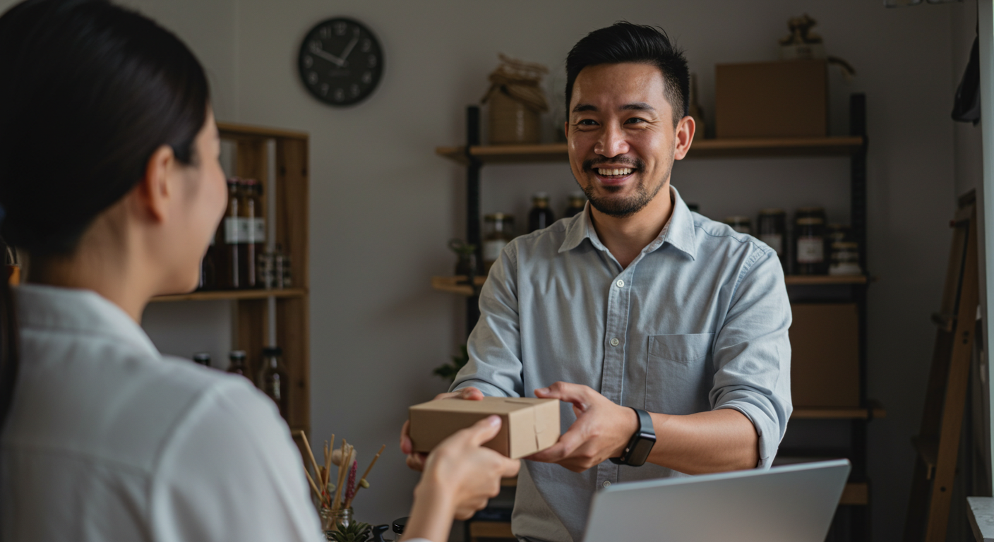 A small business owner smiling and handing a product to a happy customer inside a cozy shop or home workspace. The customer is clearly satisfied. The scene conveys warmth, trust, and personal connection—symbolizing customer loyalty despite a humble, low-budget setup.